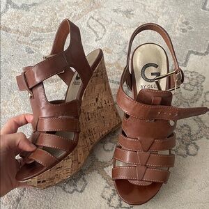 •SOLD• Guess Tan Leather Wedge Sandals